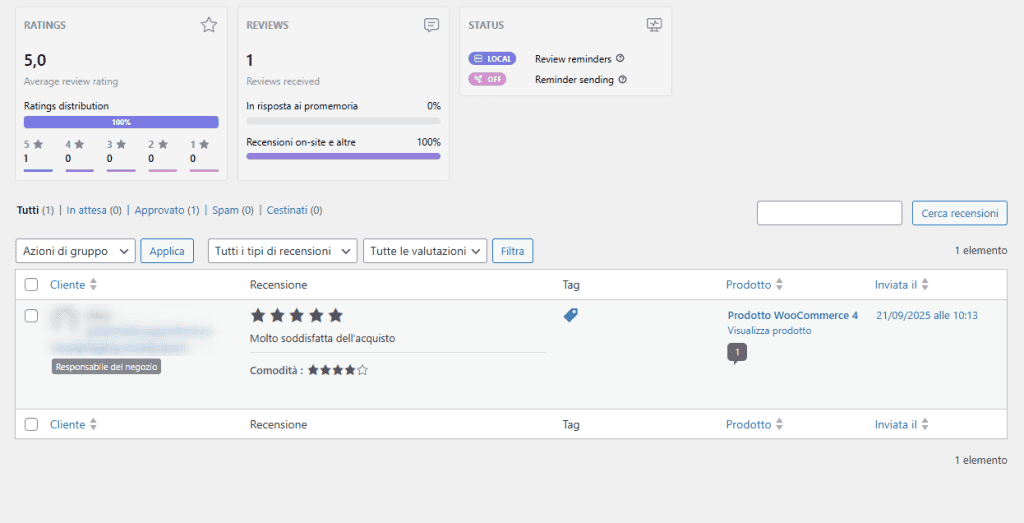 Customer Reviews Pannello Gestione Recensioni