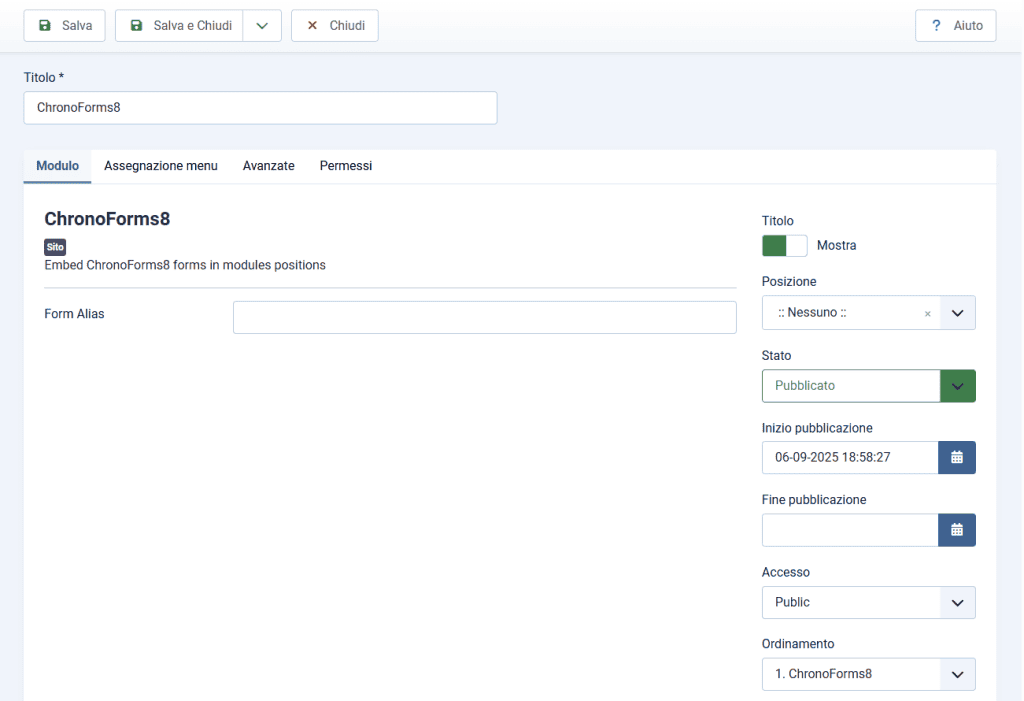Impostazioni Modulo Joomla Chronoforms