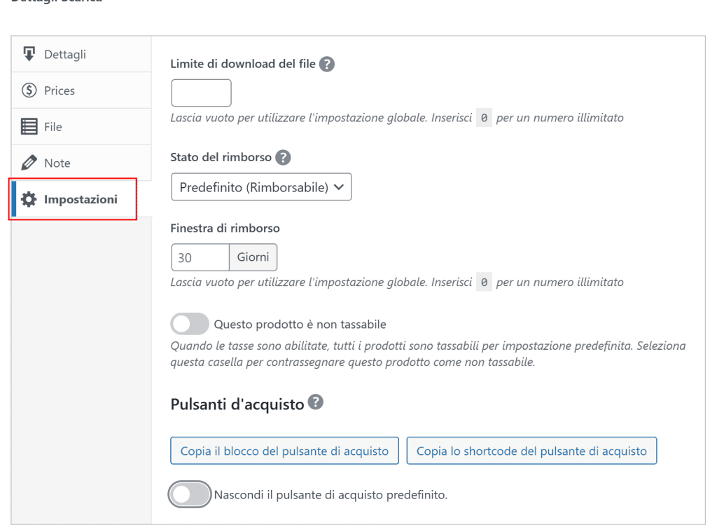 Impostazioni Prodotto Digitale Edd