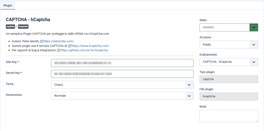Inserimento Chiavi Hcaptcha Plugin
