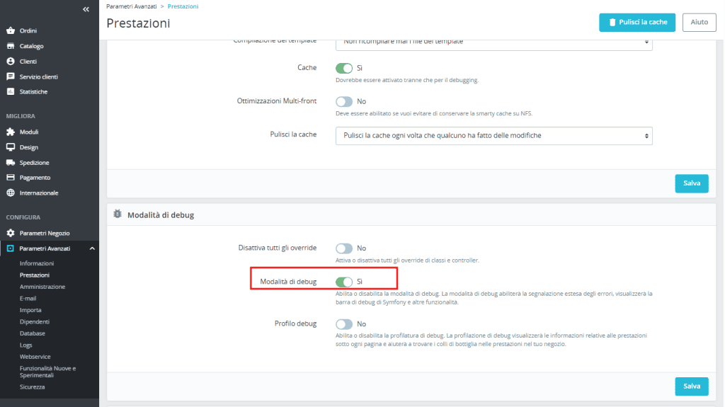 Modalita Debug Prestashop