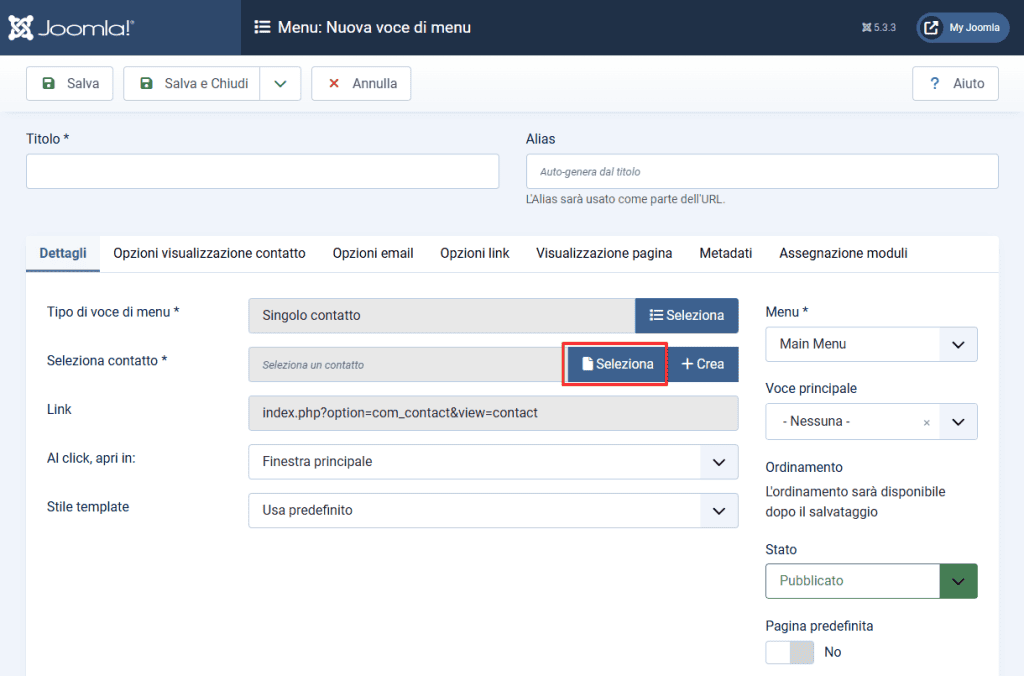 Nuova Voce Menu Joomla Contatto Seleziona