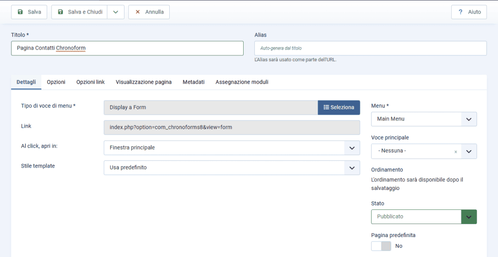 Nuova Voce Menu Modulo Contatti Joomla Chronoforms