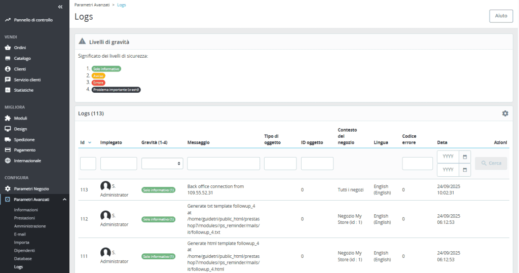 Parametri Avanzati Logs Prestashop