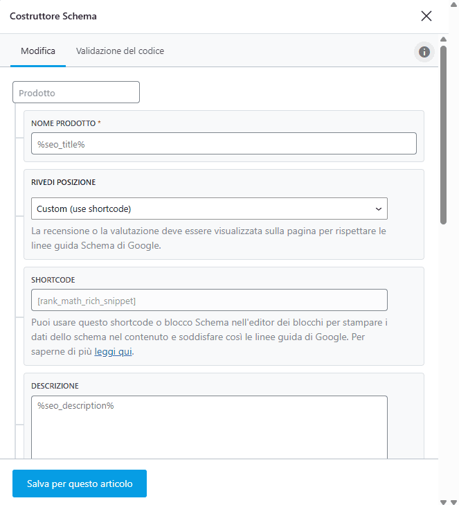 Rank Math Costruttore Schema Prodotto