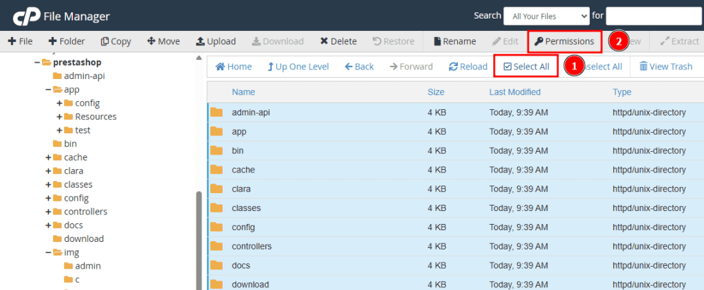 Select All File Manager Configurazione Permessi Cartelle