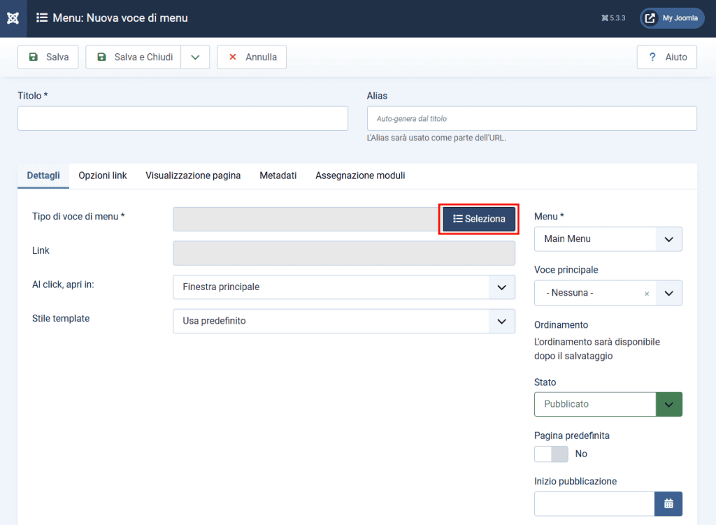 Seleziona Tipo Voce Menu Joomla