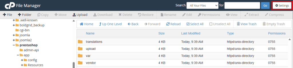 Settings File Manager Prestashop