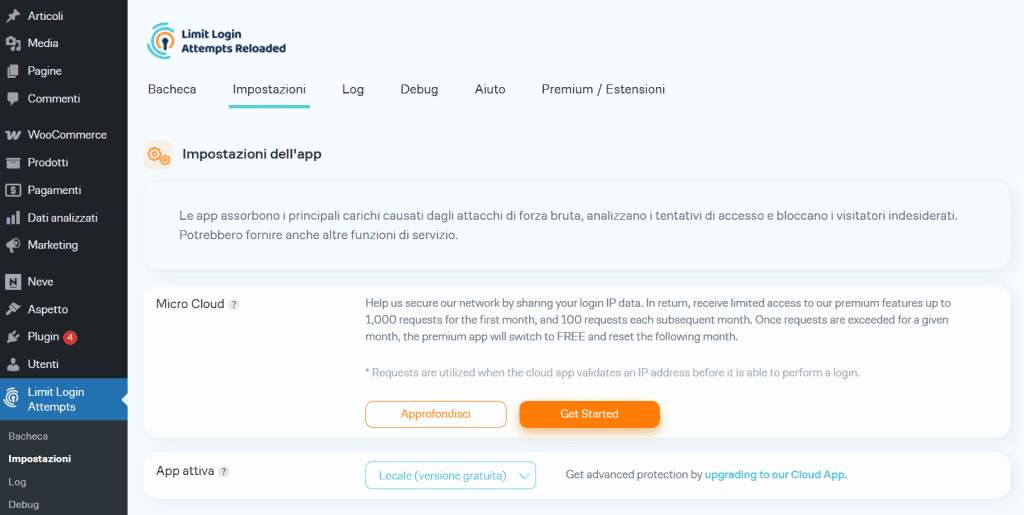 Sezione Impostazioni Limit Login Attempts Reloaded