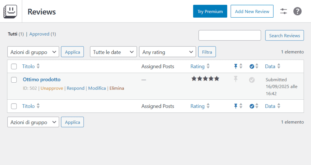 Site Reviews Elenco Recensioni Ricevute