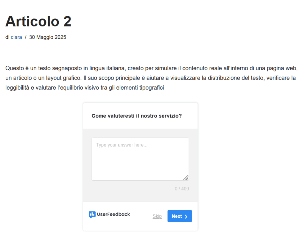 Userfeedback Modulo Recensioni WordPress Articolo
