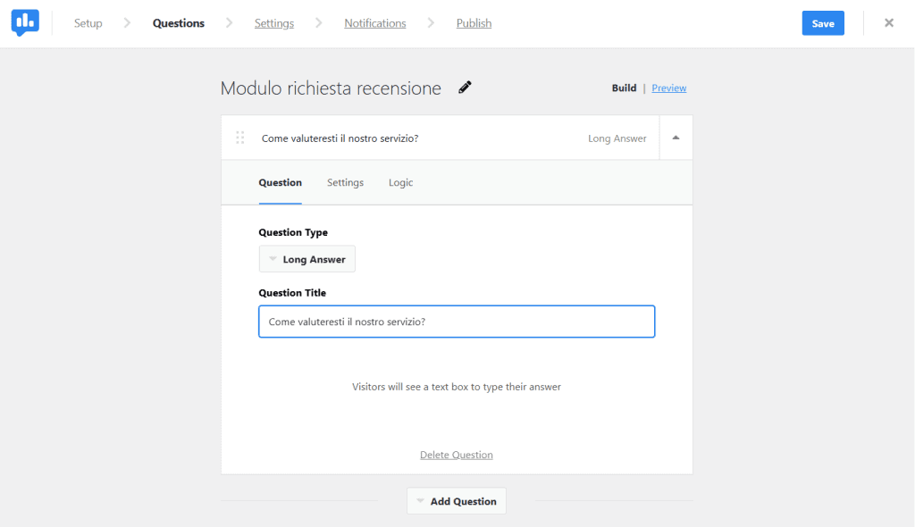 Userfeedback Modulo Recensioni WordPress Creazione