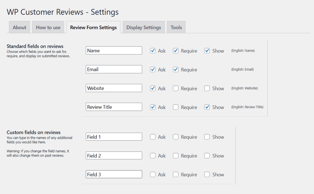 Wp Customer Reviews Impostazioni Personalizzazione Campi