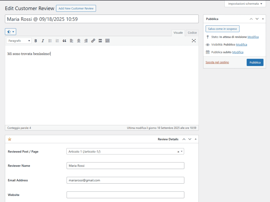 Wp Customer Reviews Modifica Recensioni
