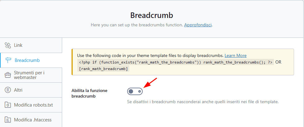 Abilitare Breadcrumb Rank Math