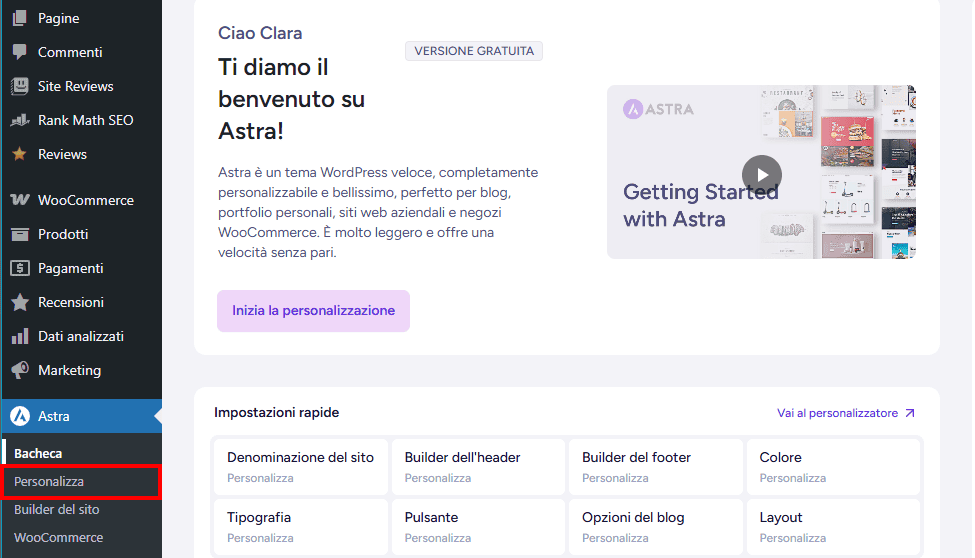Astra Personalizza Tema WordPress