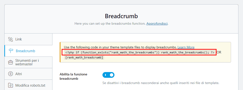 Codice Php Breadcrumb Rank Math