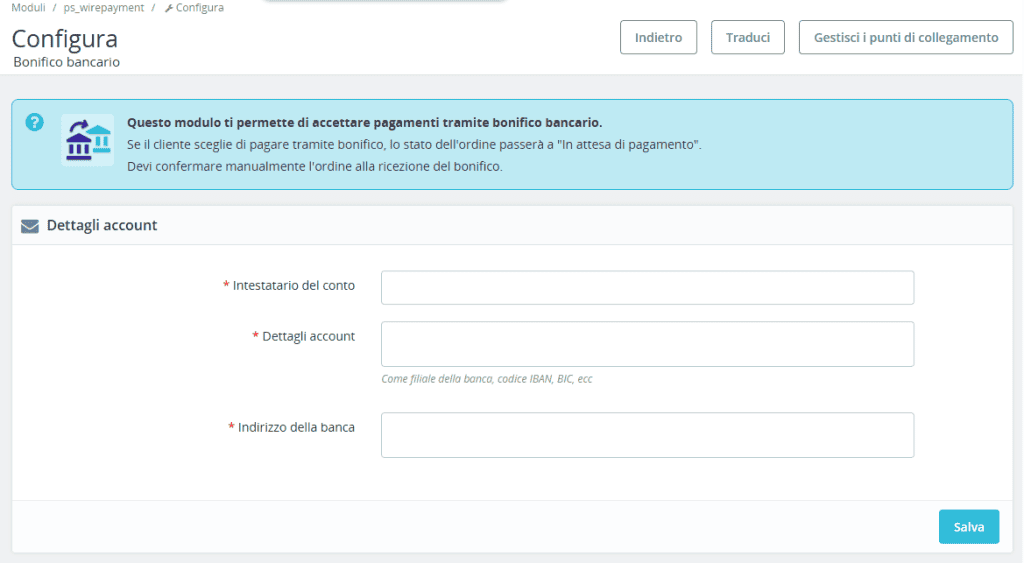 Configura Pagamenti Bonifico Prestashop Dettagli