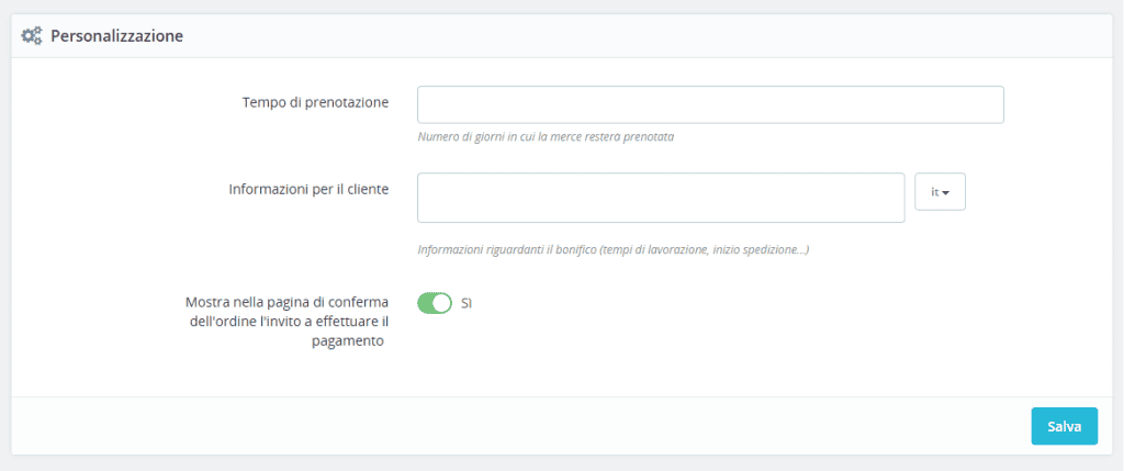 Configura Pagamenti Bonifico Prestashop Personalizzazione