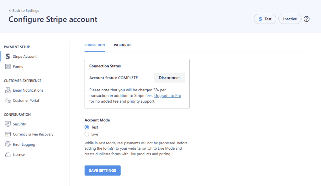 Configurare Account Stripe Connection