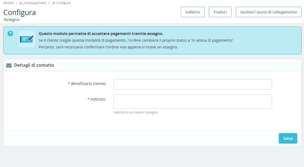 Configurare Pagamento Via Assegno Prestashop