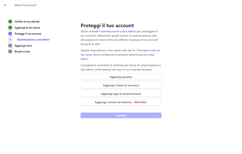Configurazione Account Live Stripe Autenticazione A Due Fattori