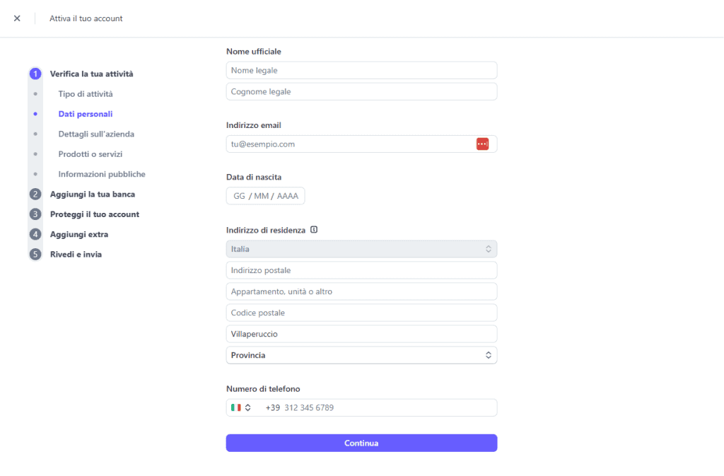 Configurazione Account Live Stripe Dati Personali