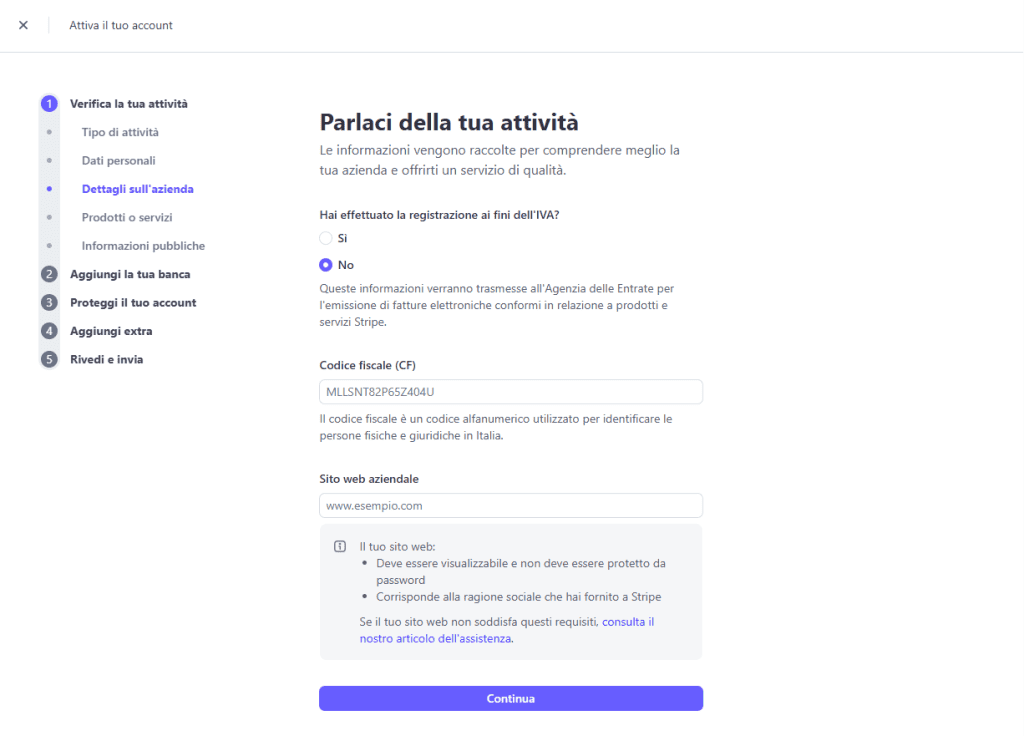 Configurazione Account Live Stripe Dettagli Azienda