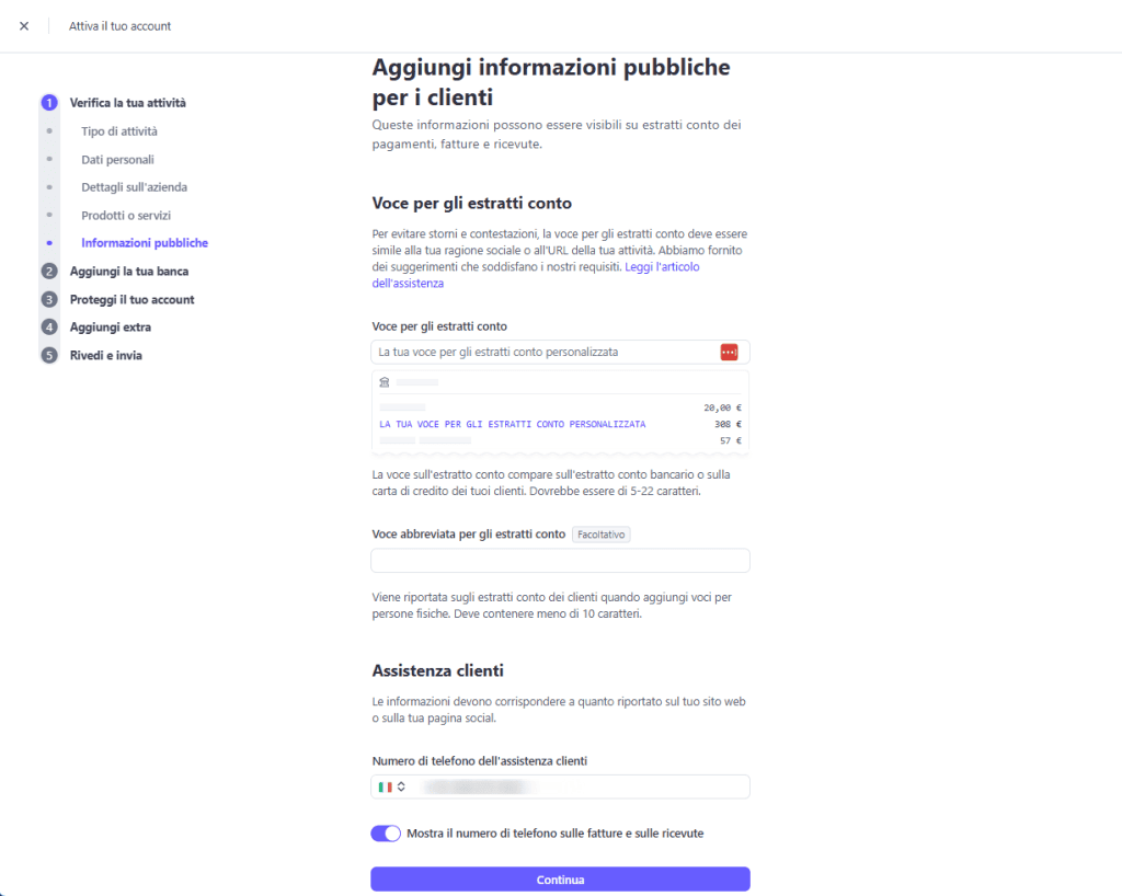 Configurazione Account Live Stripe Info Pubbliche