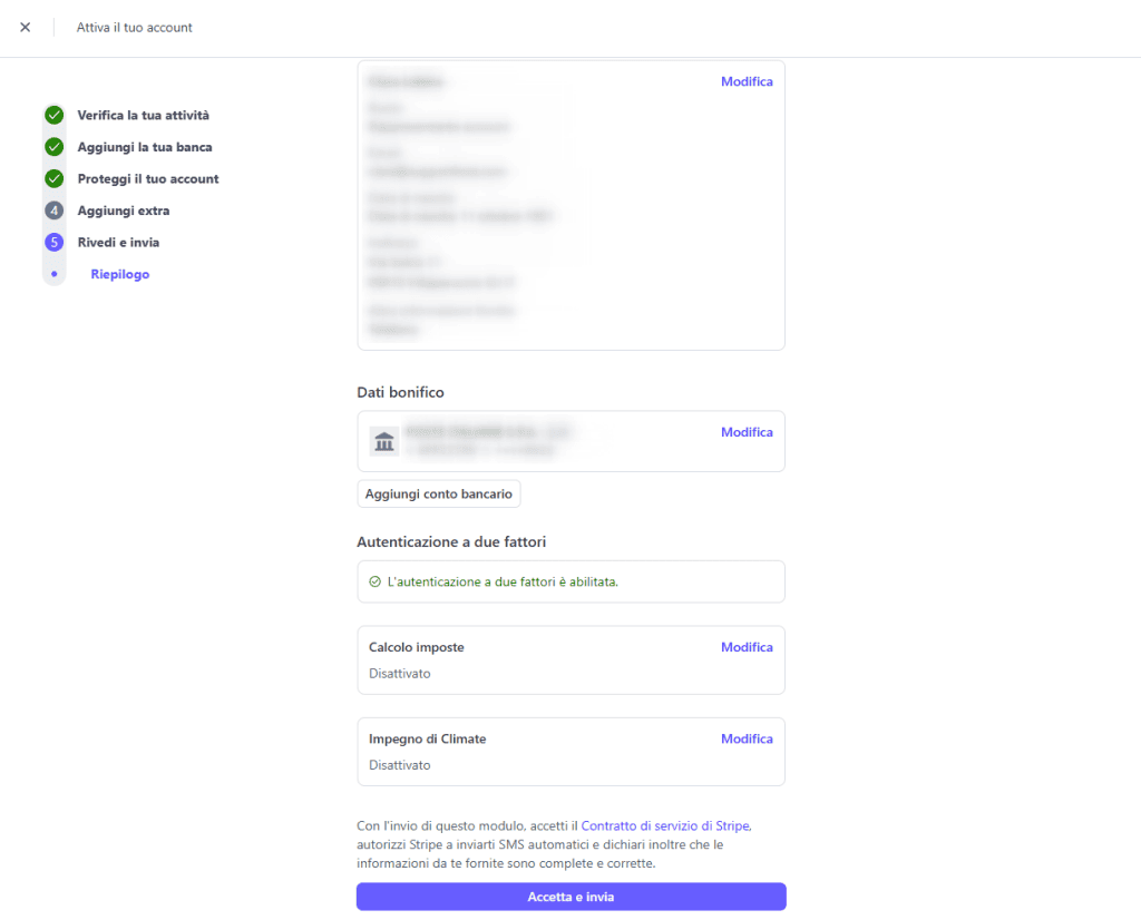 Configurazione Account Live Stripe Riepilogo