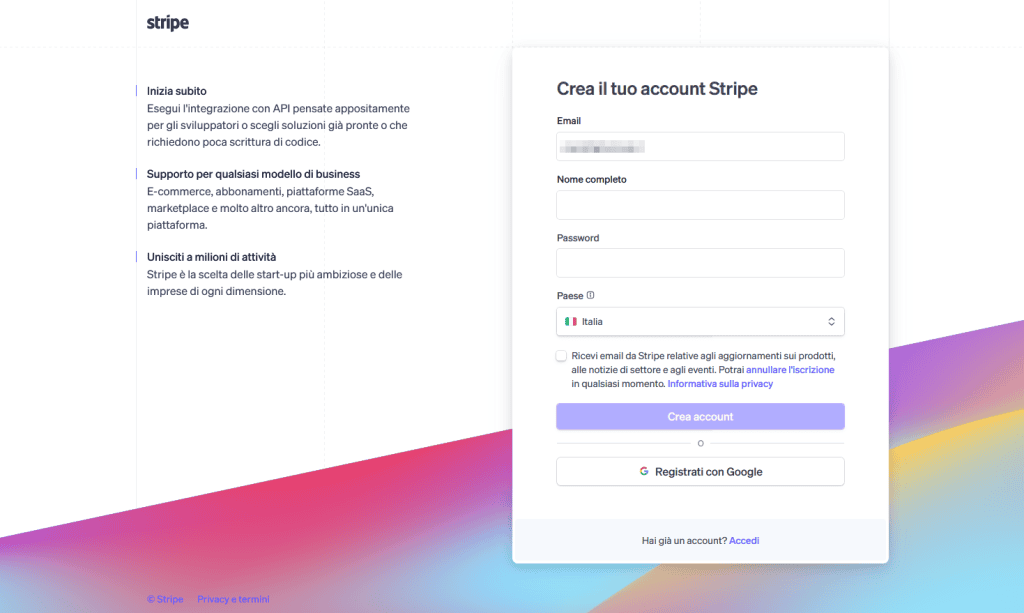 Creare Account Stripe Modulo