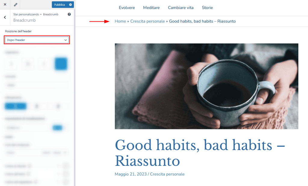 Dopo Posizione Breadcrumb WordPress Astra