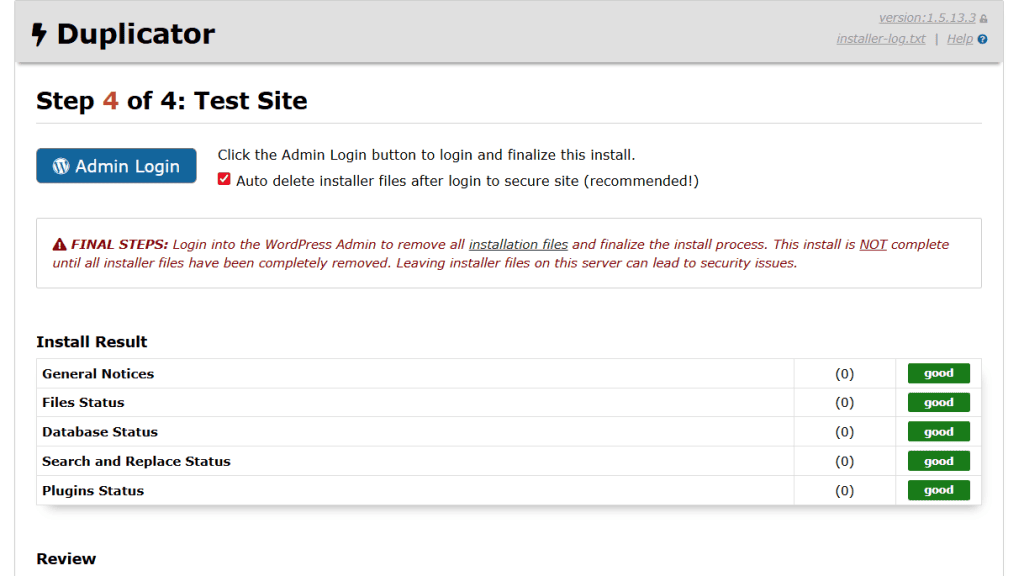 Duplicator Passaggio 4 Login Admin