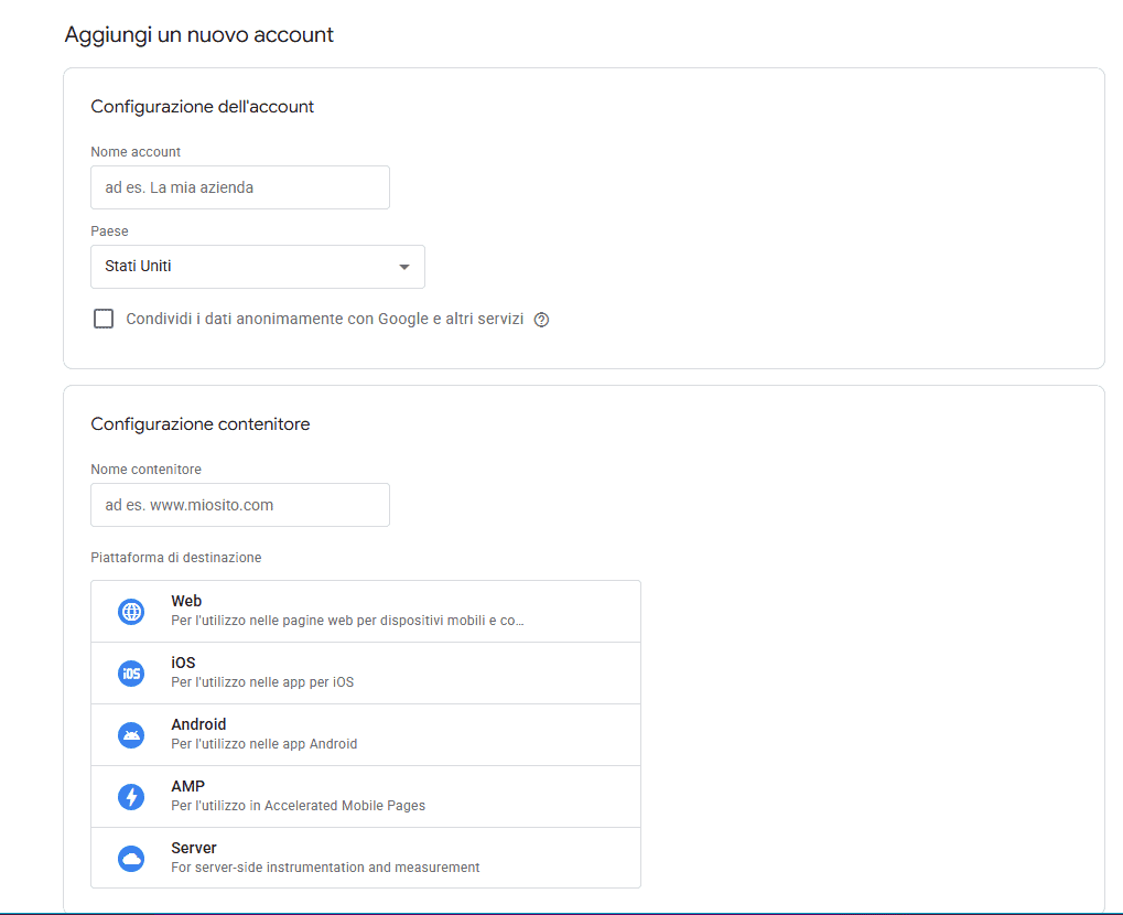 Google Tag Manager Account Configurazione