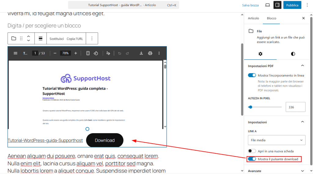 Gutenberg Pdf WordPress Pulsante Download Opzioni
