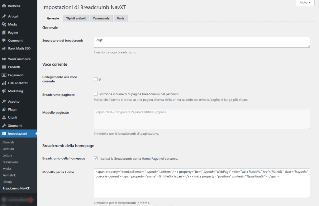 Impostazioni Breadcrumb Navxt