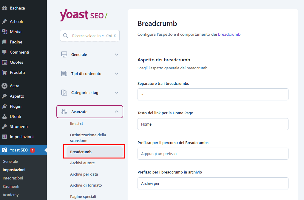 Impostazioni Breadcrumb Yoast Globali