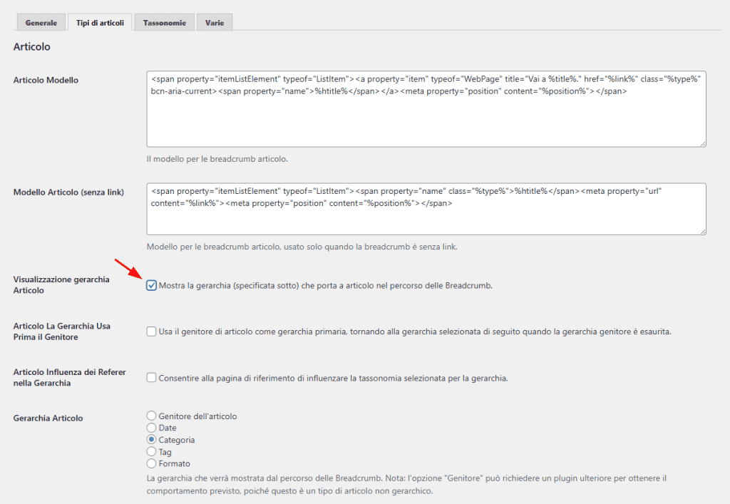 Impostazioni Gerarchia Breadcrumb Navxt