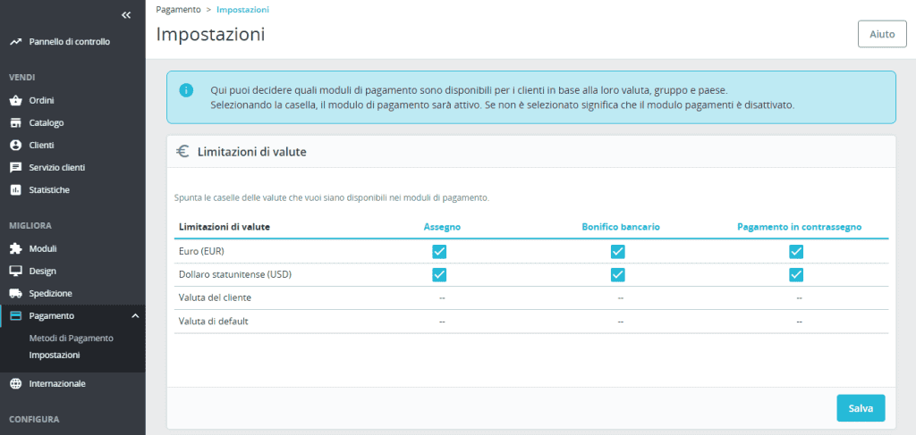 Impostazioni Pagamento Prestashop