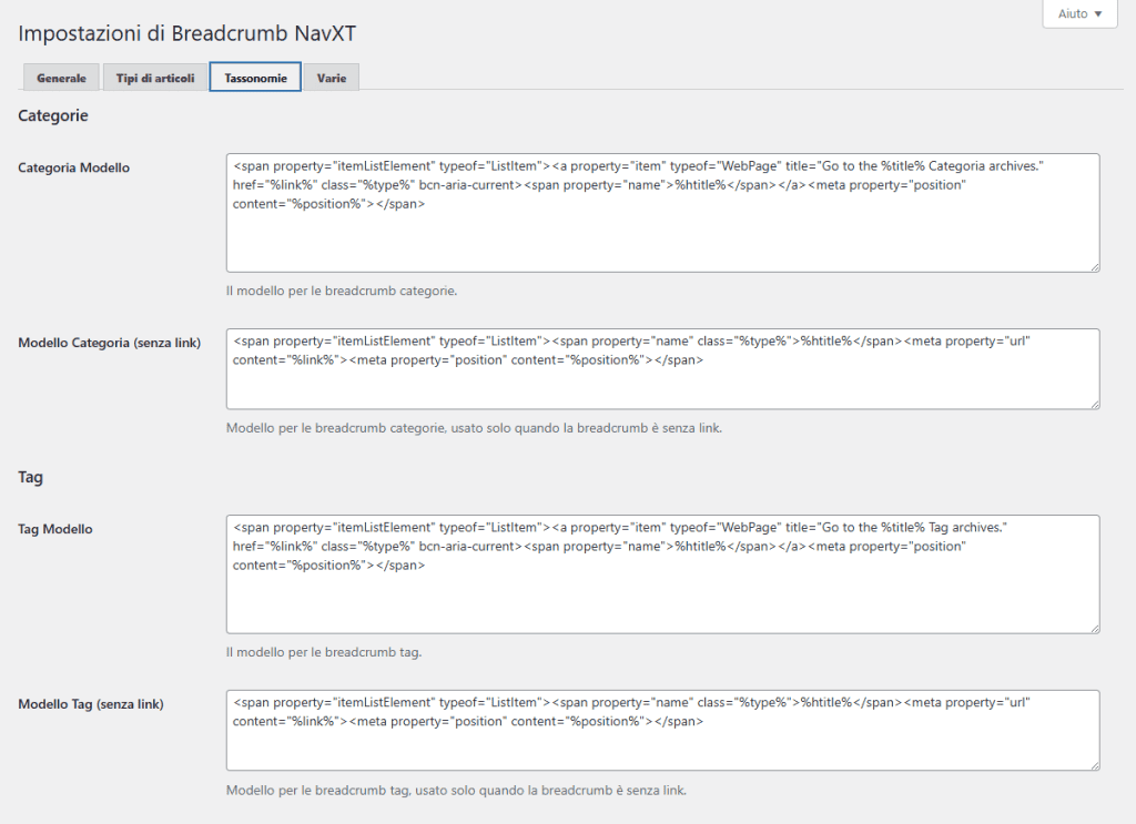 Impostazioni Tassonomie Breadcrumb Navxt