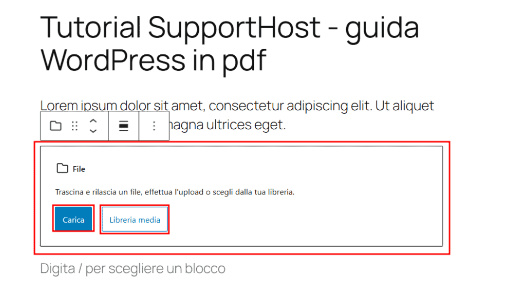 Incorporare Pdf WordPress Blocco Gutenberg File