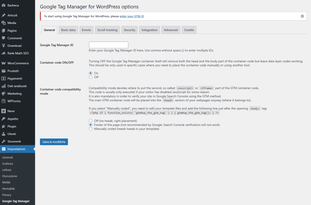Inserire Google Tag Manager Account Id