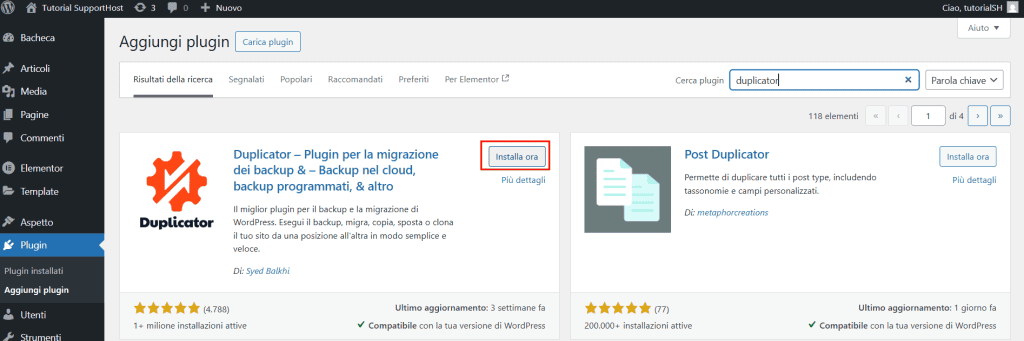 Installare Duplicator Clonazione Sito Wp