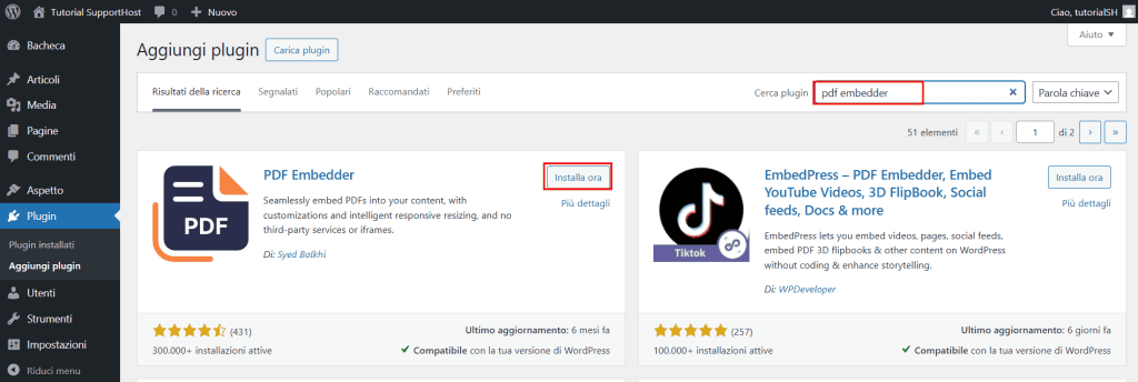 Installare Pdf Embedder Plugin WordPress