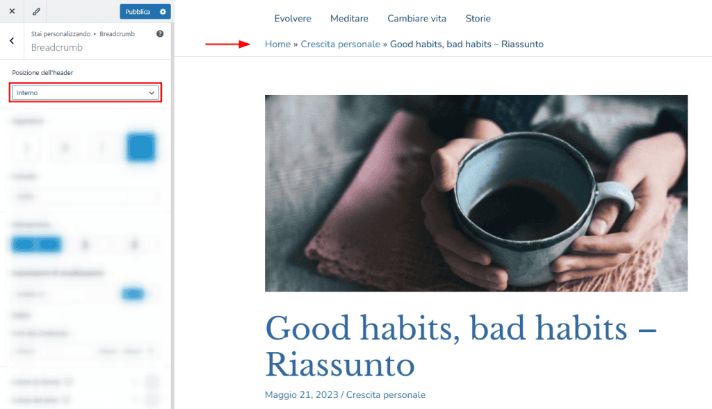 Interno Posizione Breadcrumb WordPress Astra