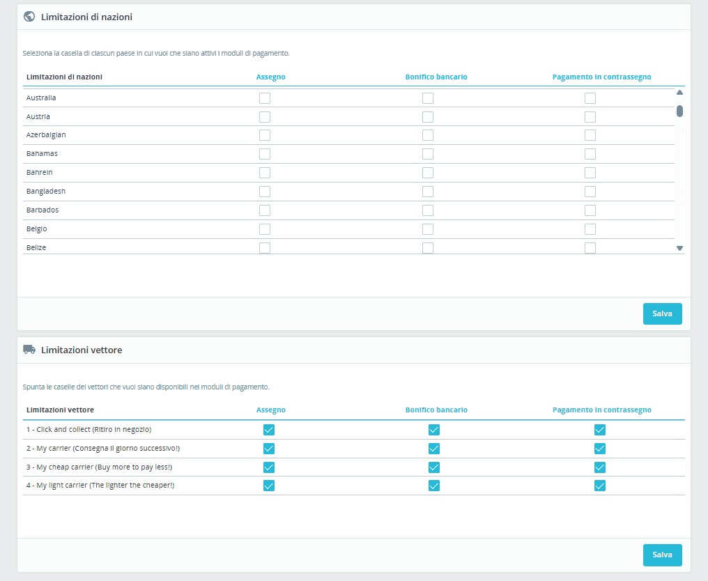 Limitazioni Metodi Pagamento Prestashop Nazioni Vettori