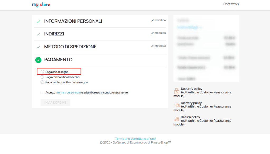 Opzione Assegno Pagamento Prestashop Acquisto