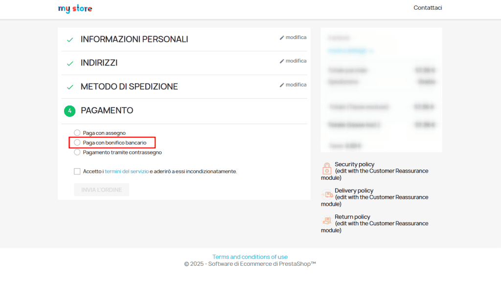 Opzione Bonifico Pagamento Prestashop Acquisto