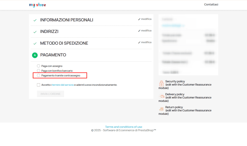 Opzione Contrassegno Pagamento Prestashop Acquisto