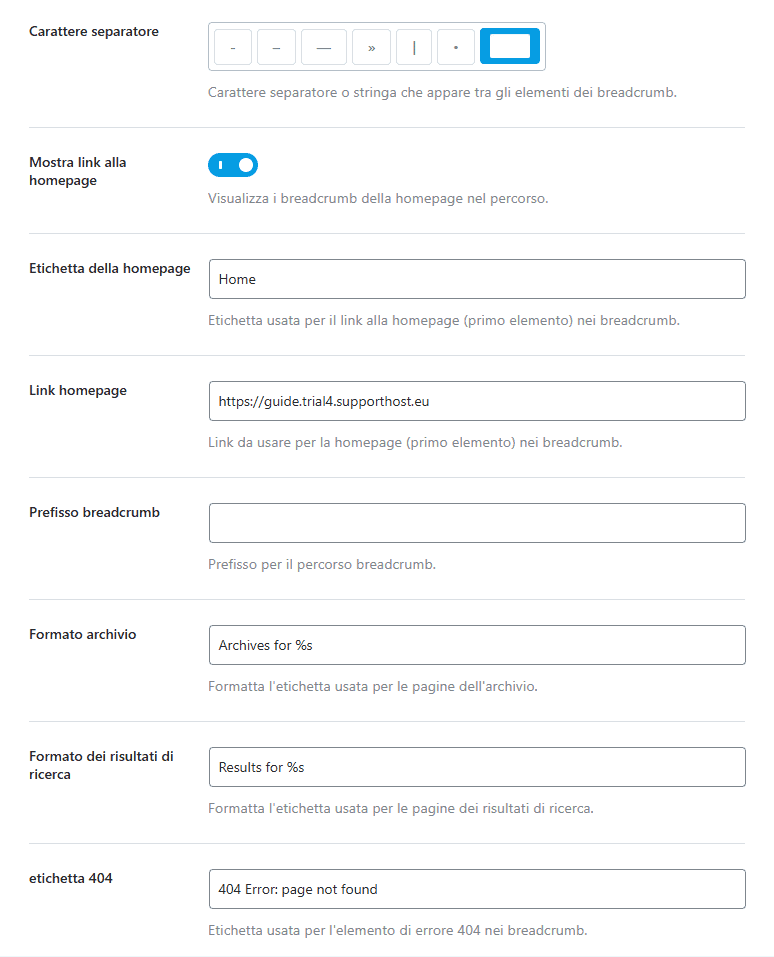 Opzioni Breadcrumb WordPress Rank Math